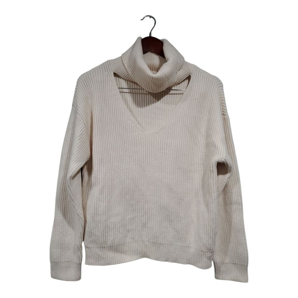 Lovers and Friends Women Ribbed Cream Sweater V-Neck Cutout Turtleneck Knit Sz S